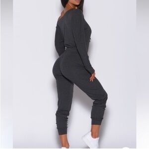 LAST CALL Bombshell Ribbed Sweats Jogger Long Sleeved Off-Shoulder Grey Jumpsuit